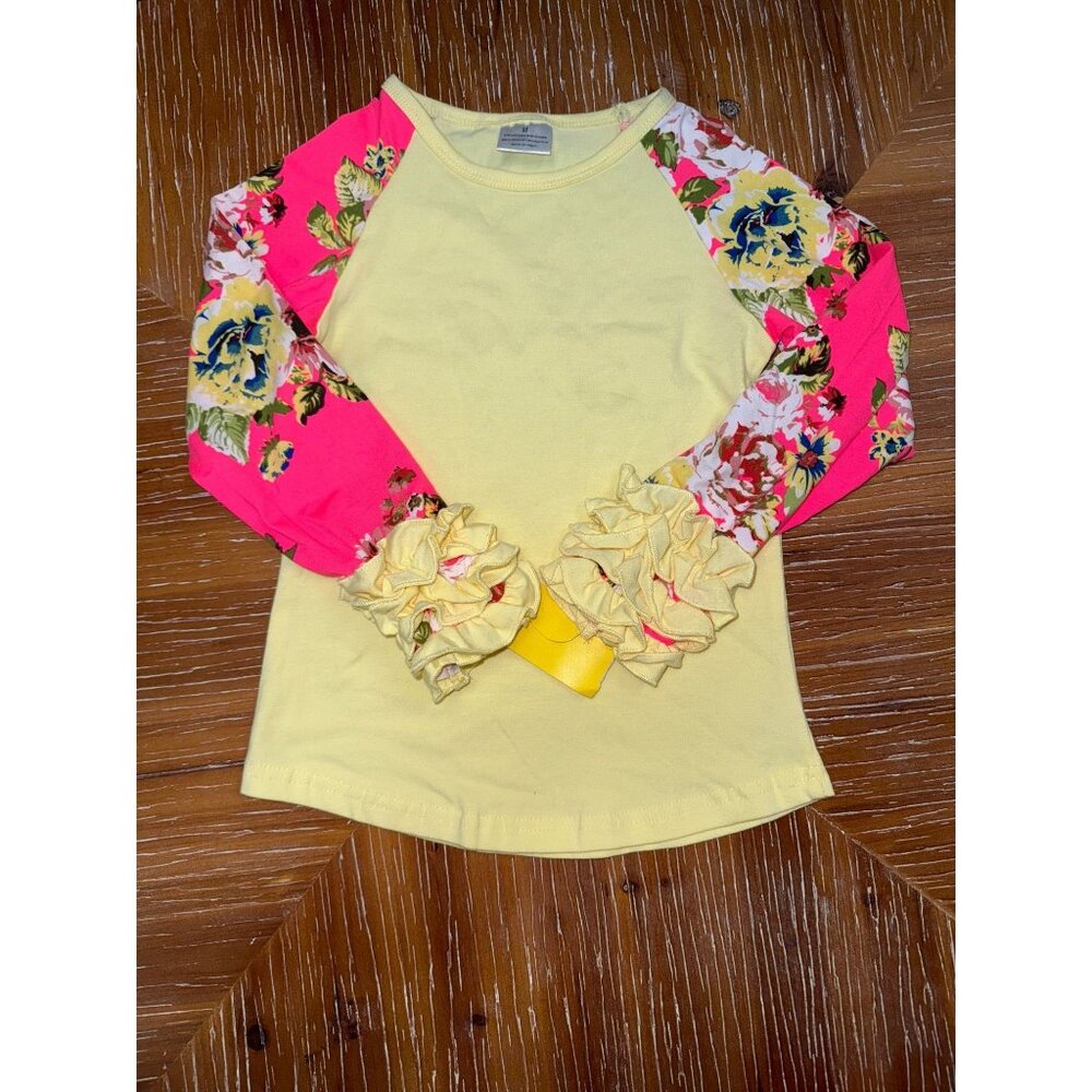 Floral Yellow & Pink Toddler Long Sleeve Ruffle Top 97% Cotton 3% Spandex 5/6 XL